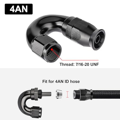 4AN 180 Degree PTFE One Piece Full Flow End Hose Fitting Aluminum Black