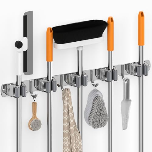 5 Grippers Broom Holder Wall Mount with 4 Hooks Stainless Steel