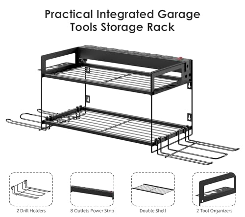 Garage Tools Storage with Charging Station. Power Tool Battery Organizer Utility Shelf with Power Strip. 4 Drills Holder Wall Mount Rack (5.4 Count)