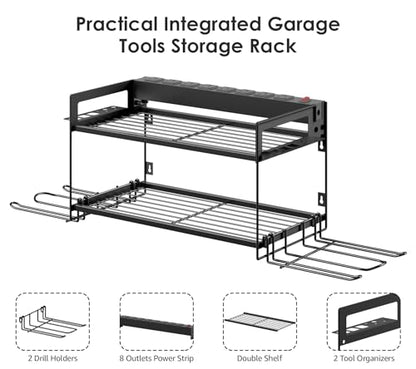 Garage Tools Storage with Charging Station. Power Tool Battery Organizer Utility Shelf with Power Strip. 4 Drills Holder Wall Mount Rack (5.4 Count)