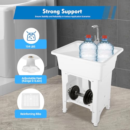Freestanding Utility Sink Plastic Laundry Sink Spacious Laundry Tub Sink with Storage Shelf Indoor Outdoor Slop Sink Wash Station for Bathroom Laundry Washing Room