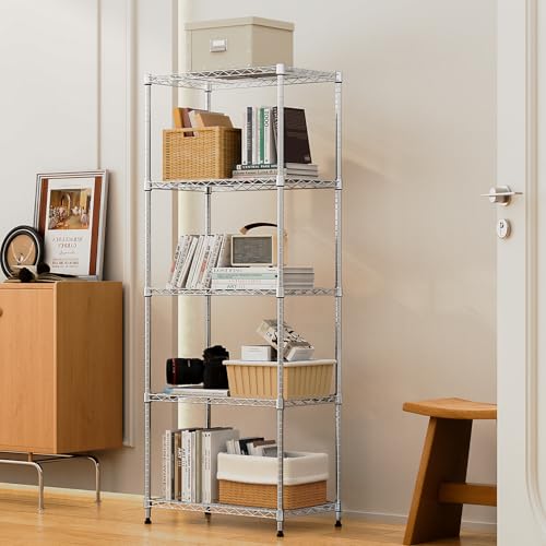 1250 lbs 5 Tier Shelf Metal Storage Shelves Wire Rack Closet Organizers with Wheel for Garage Kitchen Bathroom Laundry Chrome 13.7" D x 23.6" W x 62.4" H (5 Count)