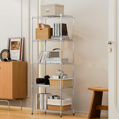1250 lbs 5 Tier Shelf Metal Storage Shelves Wire Rack Closet Organizers with Wheel for Garage Kitchen Bathroom Laundry Chrome 13.7" D x 23.6" W x 62.4" H (5 Count)