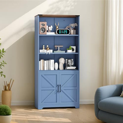 Blue Bookcase with Doors and Adjustable Shelves