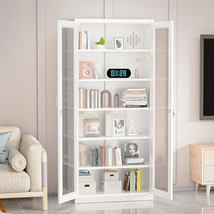 Lockable Display Cabinet with Glass Doors & 5 Adjustable Shelves