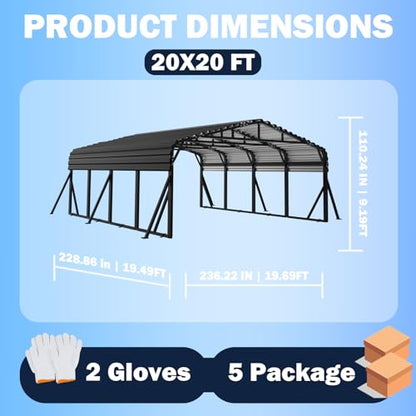 20X20 FT Metal Carport with Reinforced Galvanized Roof