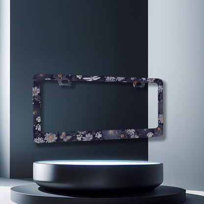 Blue Folk Art Flowers Stainless Steel License Plate Frame 12.2 x 6.2 Inch