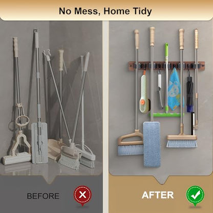 Broom Holder Wall Mount With 5 Slots & 4 Hooks