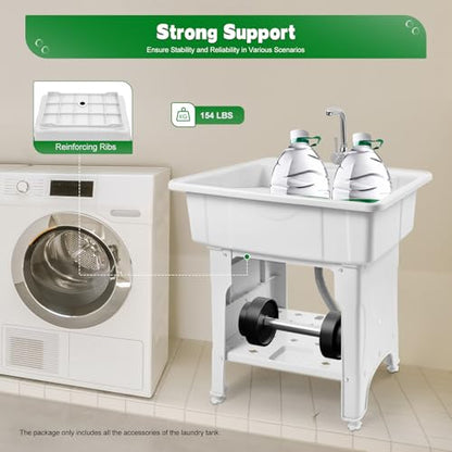 Freestanding Utility Sink Plastic Laundry Tub Sink with Storage Shelf Indoor Outdoor Slop Sink Wash Station for Bathroom Laundry Washing Room