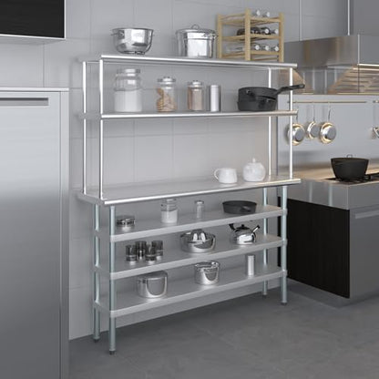 14" x 60" Stainless Steel Work Table with 3 Shelves and 12" Wide Double Tier Overshelf
