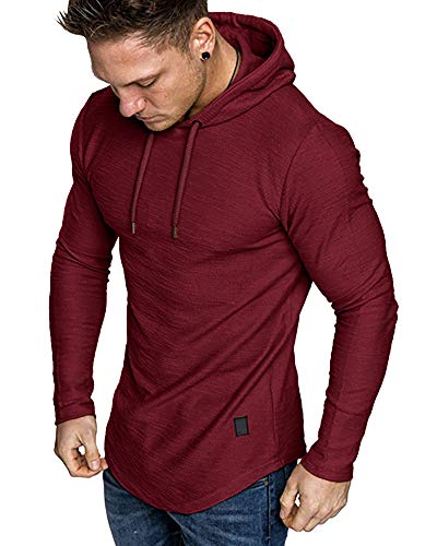 Mens Fashion Athletic Hoodies Sport Sweatshirt Solid Color Fleece Pullover Red Large