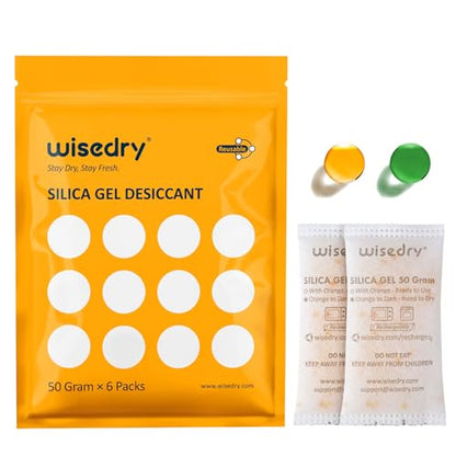 Rechargeable Silica Gel Sachets 50g [6 Packs] Food Grade Silica Gel Packets Orange to Green Indicating Desiccant Sachets Fast Reactivate Desiccant Bags for Food Medication Books (7.0548 Ounce)