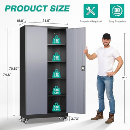 75" Tall Metal Storage Cabinet with Wheels
