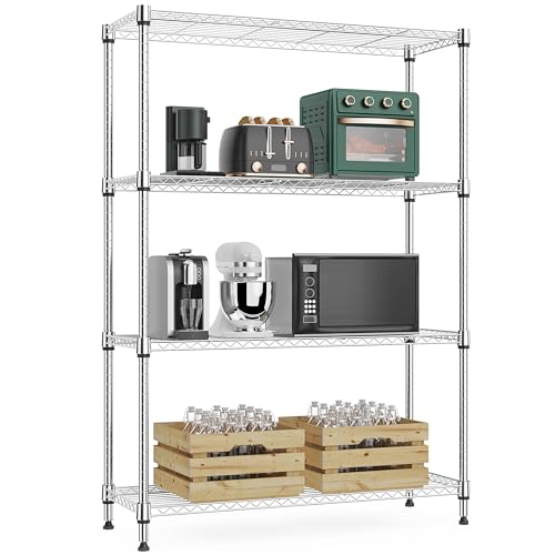 1000 lbs 4Tier Shelf Metal Storage Shelves Wire Rack Closet Organizers with Wheel for Garage Kitchen Bathroom Laundry Chrome 13.7" D x 29.5" W x 47.2" H (4 Count)