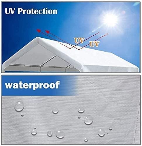 Rutile 12'x20' Carport Replacement Top Canopy Cover for Car Garage Shelter Tent Party Tent with Ball Bungees White