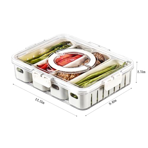 Divided Veggie Tray with Lid and Handle 4 Compartment Serving Tray Portable Travel Snack Storage Containers Stackable Snackle Box Charcuterie Container for Fruit