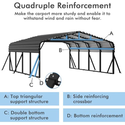 20x20 FT Metal Carport with Extra 6 Side Reinforcement Support Rods