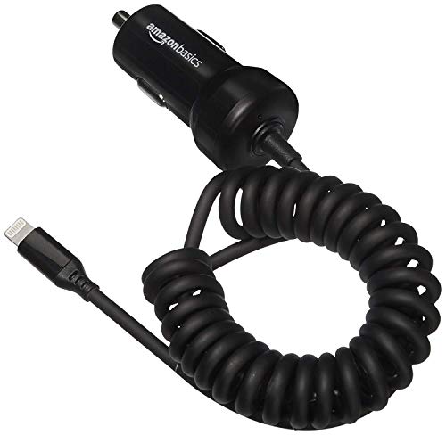 12W (5V, 2.4A) Fast Car Charger with Coiled Lightning Cable, MFi Certified for iPhone, iPad and Apple Devices, 1.5 ft, Black
