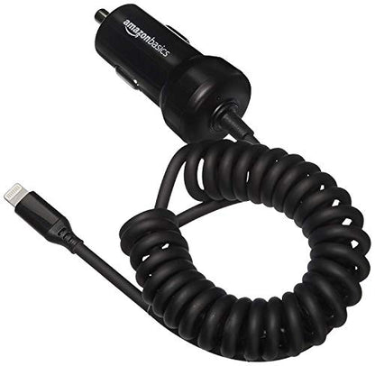 12W (5V, 2.4A) Fast Car Charger with Coiled Lightning Cable, MFi Certified for iPhone, iPad and Apple Devices, 1.5 ft, Black