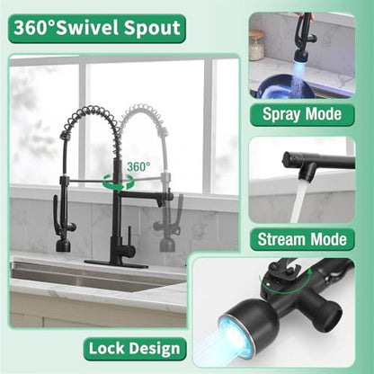 LED Commercial Kitchen Faucets with Pull Down Sprayer Matte Black