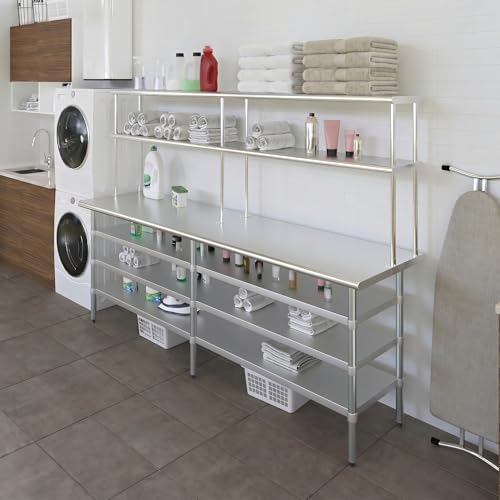 24" x 96" Stainless Steel Work Table with 3 Shelves and 12" Wide Double Tier Overshelf