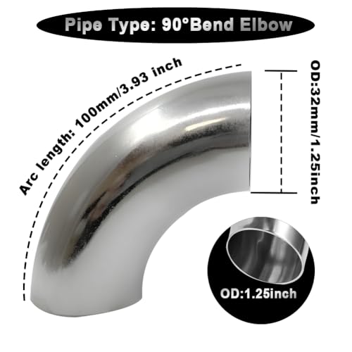 OD 1.25 Inch 90 Degree Stainless Steel Bend Tube Exhaust Elbow Pipe for Car Modified Exhaust System 1.25" Piping Silver Tone