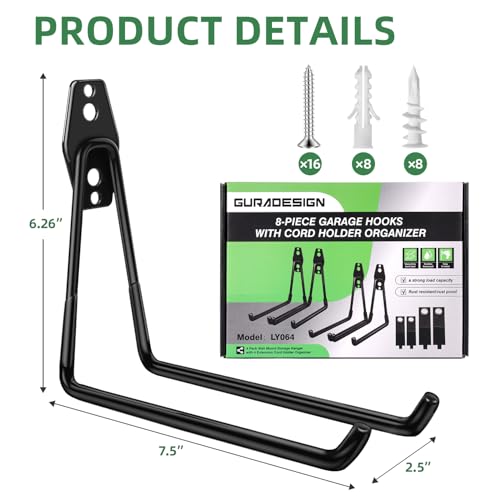 4 Piece Garage Hooks Wall Mount Storage Hanger with 4 Extension Cord Holder Organizer (8 Count)