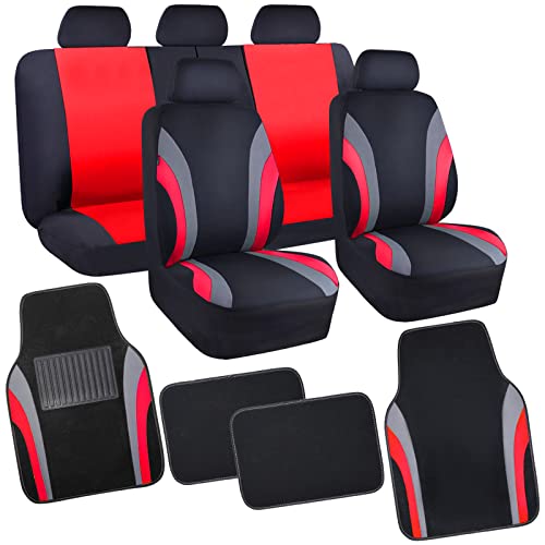 Line Rider Sporty Car Seat Covers Full Set with 4Pcs Waterproof Car Floor Mats Universal Fit Airbag Compatible Automotive Interior Covers for Sedans