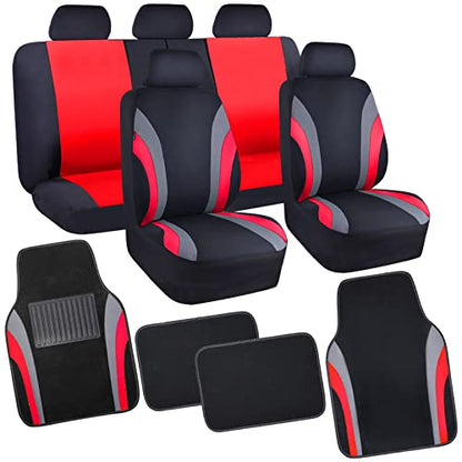 Line Rider Sporty Car Seat Covers Full Set with 4Pcs Waterproof Car Floor Mats Universal Fit Airbag Compatible Automotive Interior Covers for Sedans