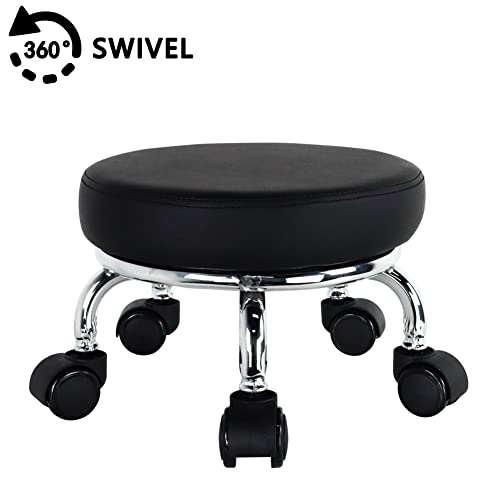 Modern Roller Seat PU Leather Low Round Rolling Stool 360° Swivel Small Seat with Universal Wheels Foot Stool for Home Office Garage Shop Fitness Sport H：8.6" （Black）