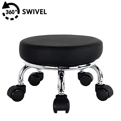 Modern Roller Seat PU Leather Low Round Rolling Stool 360° Swivel Small Seat with Universal Wheels Foot Stool for Home Office Garage Shop Fitness Sport H：8.6" （Black）