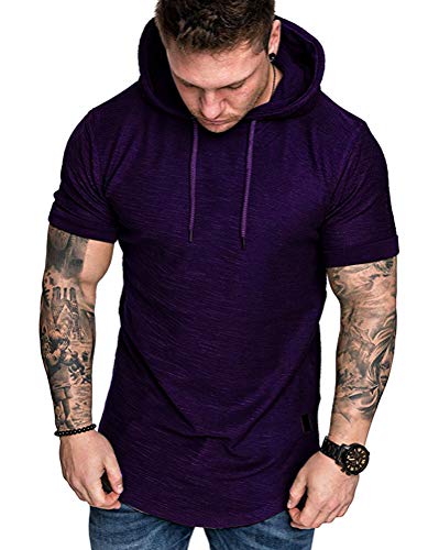 Mens Fashion Hoodies Sport Pullover Solid Color Shirt Workout Lightweight Tops Purple