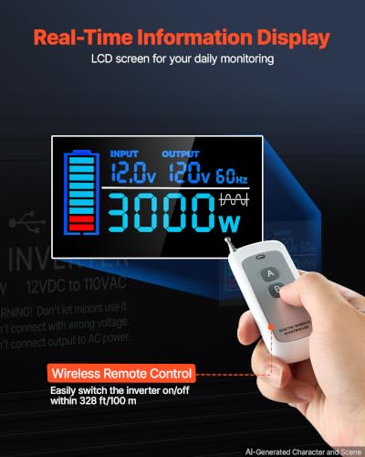 Pure Sine Wave Inverter 3000 Watts 12V DC to 120V AC Power Inverter