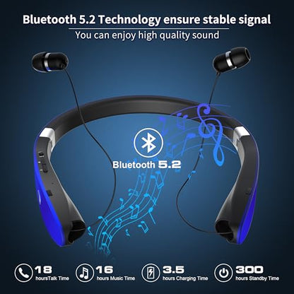Foldable Bluetooth Headphones Wireless Neckband Headset with Retractable Earbuds