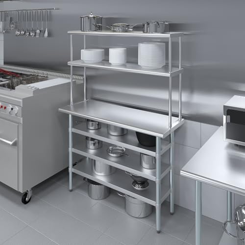 18" x 48" Stainless Steel Work Table with 3 Shelves and 12" Wide Double Tier Overshelf