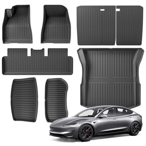 TPE Floor Mats fit for Tesla Model 3 Highland 2024 2025 2026 All Weather Cargo Liner and Cargo Trunk Mats Front Rear Cargo Mat Full Set