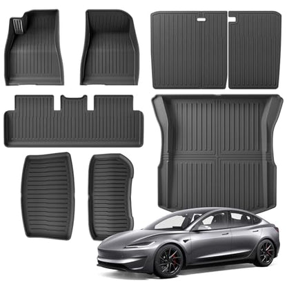 TPE Floor Mats fit for Tesla Model 3 Highland 2024 2025 2026 All Weather Cargo Liner and Cargo Trunk Mats Front Rear Cargo Mat Full Set