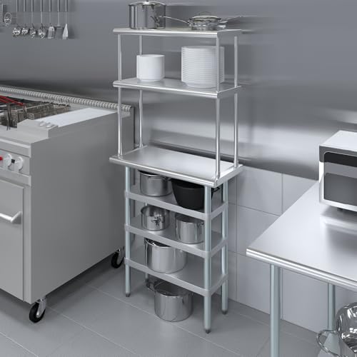 14" x 30" Stainless Steel Work Table with 3 Shelves and 12" Wide Double Tier Overshelf