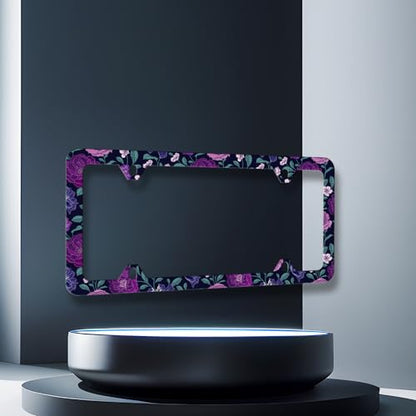 Stainless Steel Purple Floral Flowers License Plate Frame 12.3 x 6.3 Inch