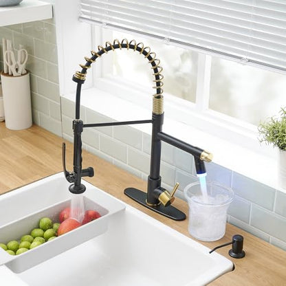 Commercial Kitchen Faucets with Pull Down Sprayer Matte Black&Gold