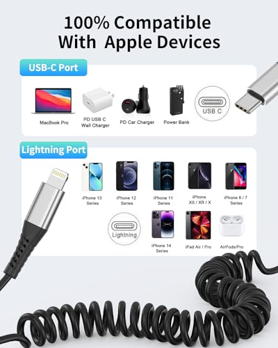Coiled USB C to Lightning Cable for Car 2 Pack (2 Count)