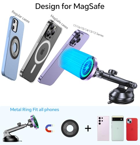 for MagSafe Car Mount Charger【Ultra Magnet】 Magnetic Phone Holders for Your Car Charger【Windshield+Vent+Dash】 Magnetic Wireless Car Phone Holder Charger Car Mount for iPhone 17
