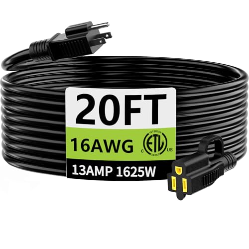 Indoor Outdoor Black Extension Cord 20FT Waterproof 16