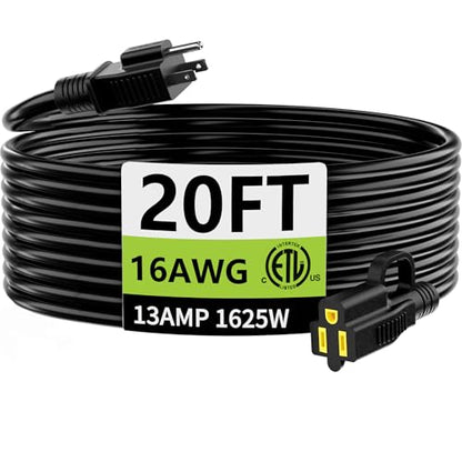 Indoor Outdoor Black Extension Cord 20FT Waterproof 16