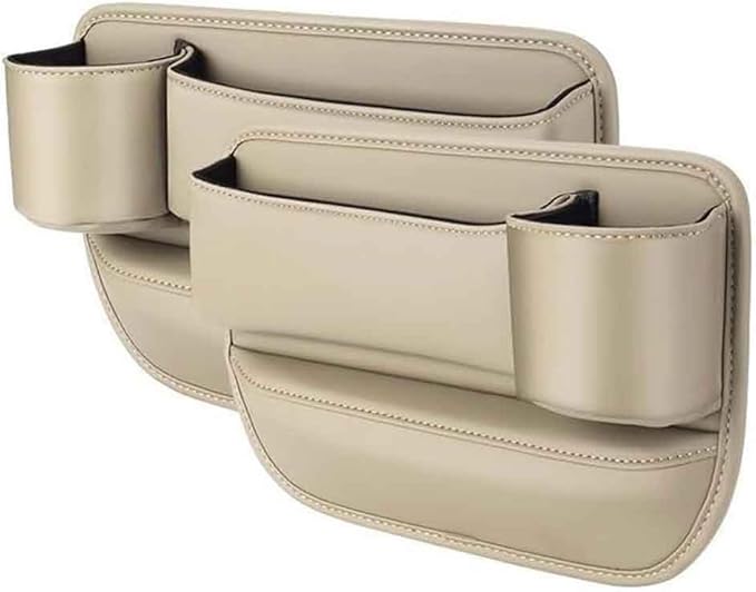 2 Pcs Car Seat Gap Filler Organizer for Tesla Model Y 2021-2023, PU Leather Front Seat Storage Box Console Side Pockets with Cup Holder Charging Cable Hole,B/Beige