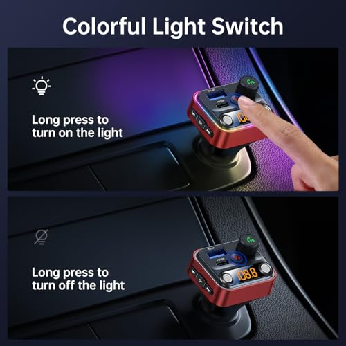 Bluetooth 5.4 FM Transmitter Car Adapter 42W [Light Switch] [Stronger Dual Mics] [HiFi Deep Bass] [Fast Charging] Wireless FM Radio Music Adapter Hands