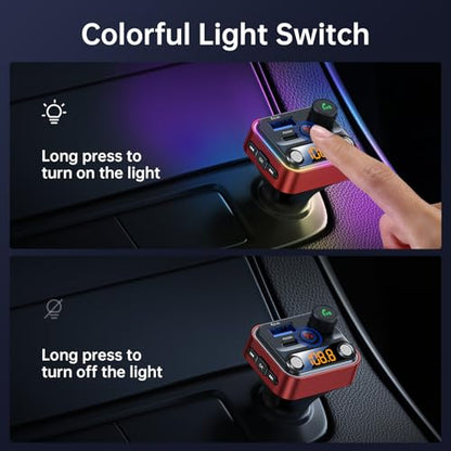 Bluetooth 5.4 FM Transmitter Car Adapter 42W [Light Switch] [Stronger Dual Mics] [HiFi Deep Bass] [Fast Charging] Wireless FM Radio Music Adapter Hands