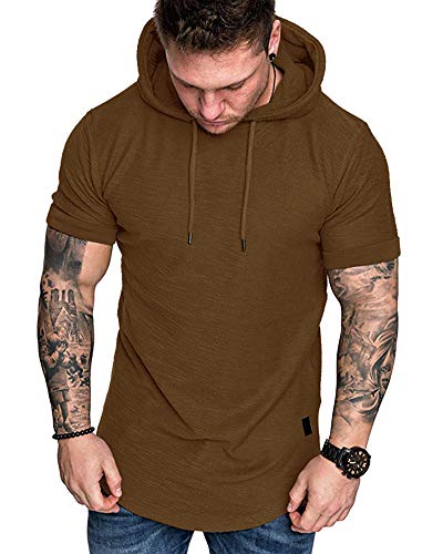 Mens Fashion Hoodies Sport Pullover Solid Color Shirt Workout Lightweight Tops Brown Large