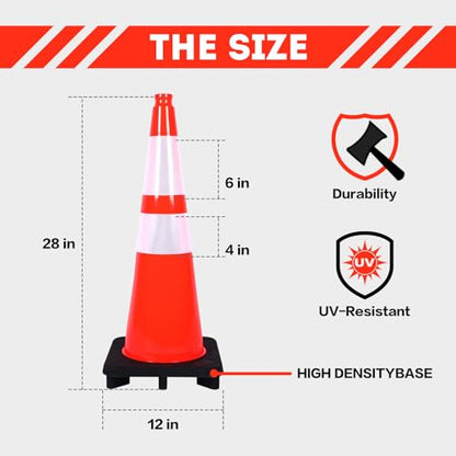 Traffic Cones 28 inch 6 Pack Heavy Duty Safety Cones Orange with Reflective Collars Fit Parking Lot