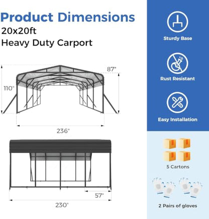 20X20 FT Heavy Duty Metal Carport Canopy with Triangle Frame Base